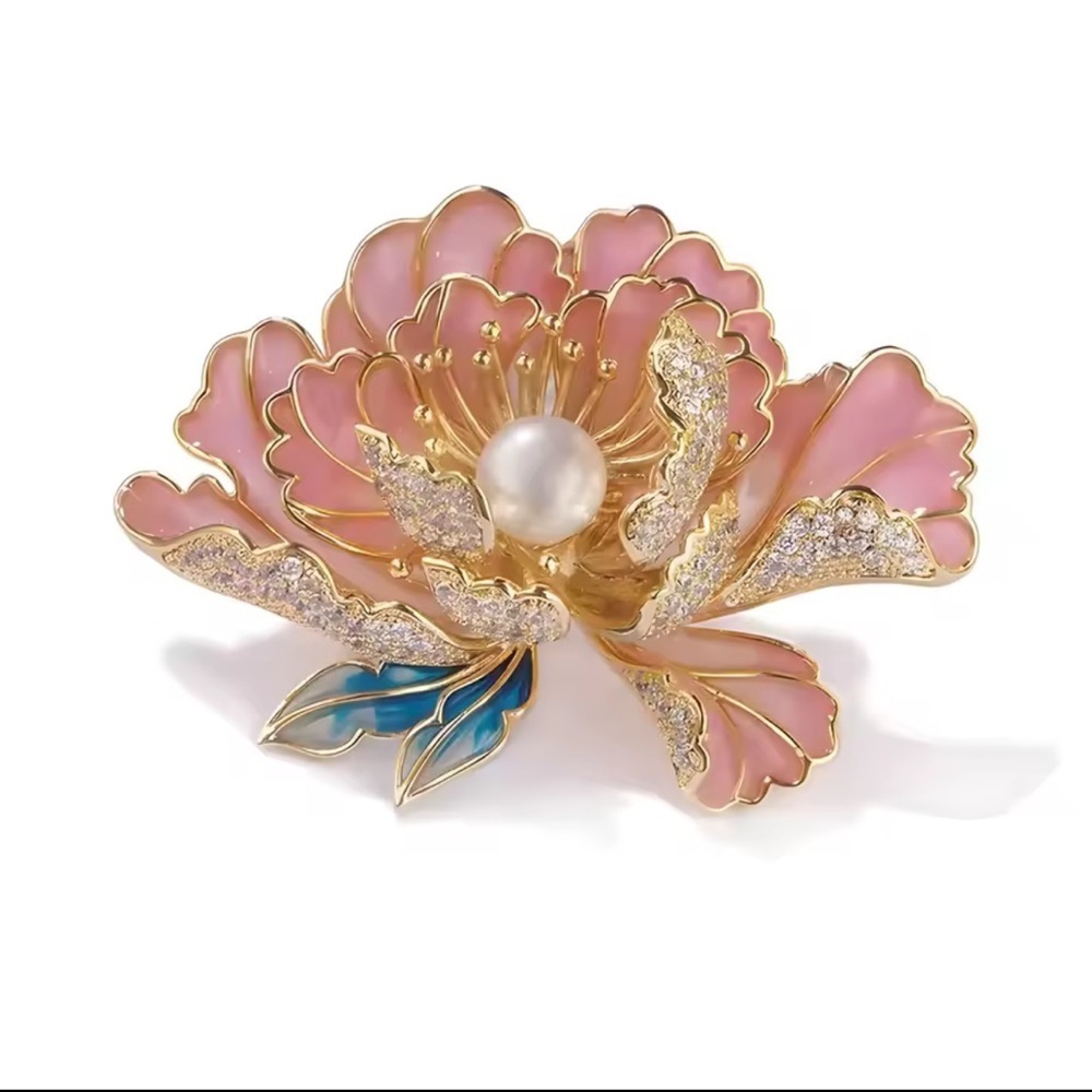Blush Elegance Pearl & Crystal Floral Brooch